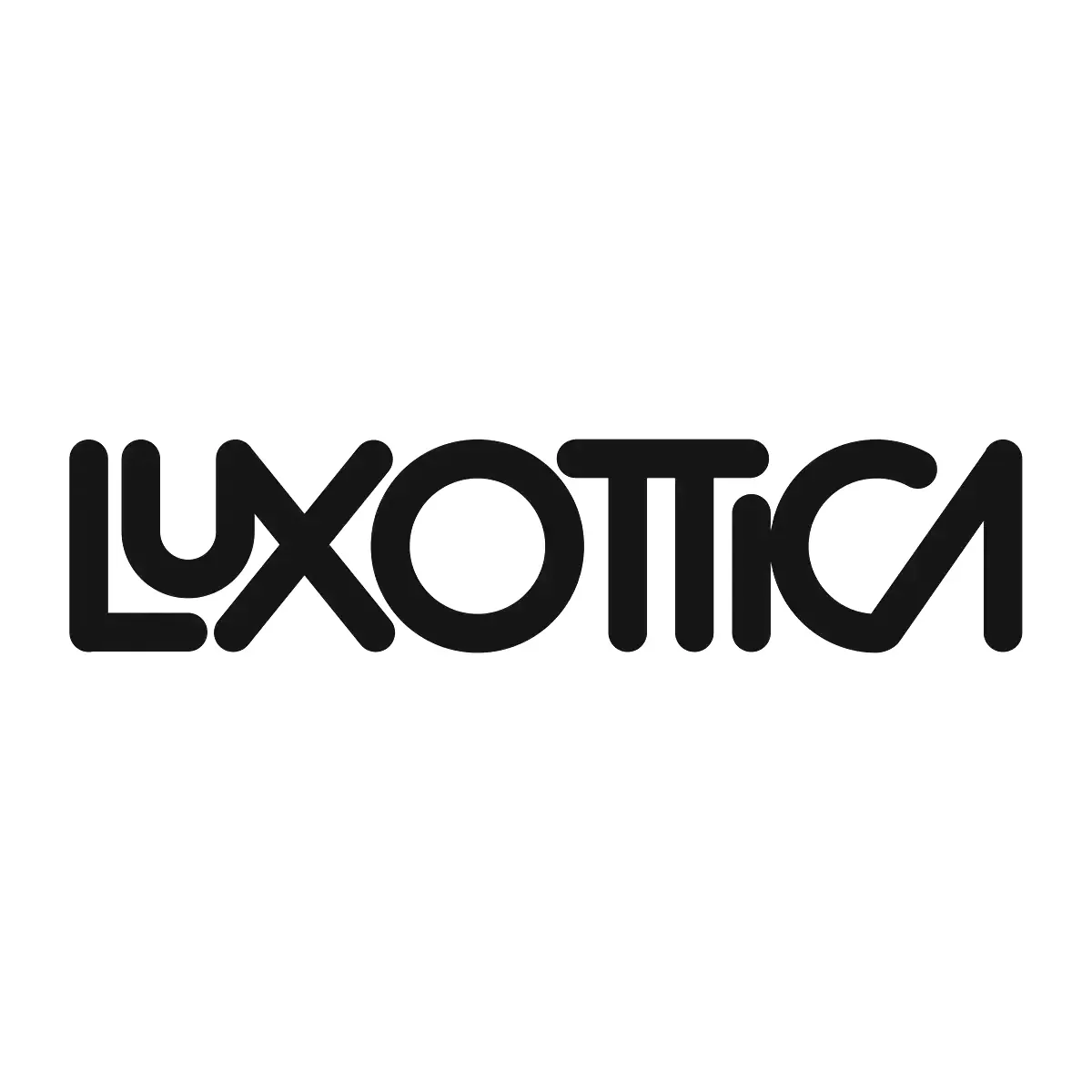 Luxottica logo in a rounded sans-serif font, black on white background.