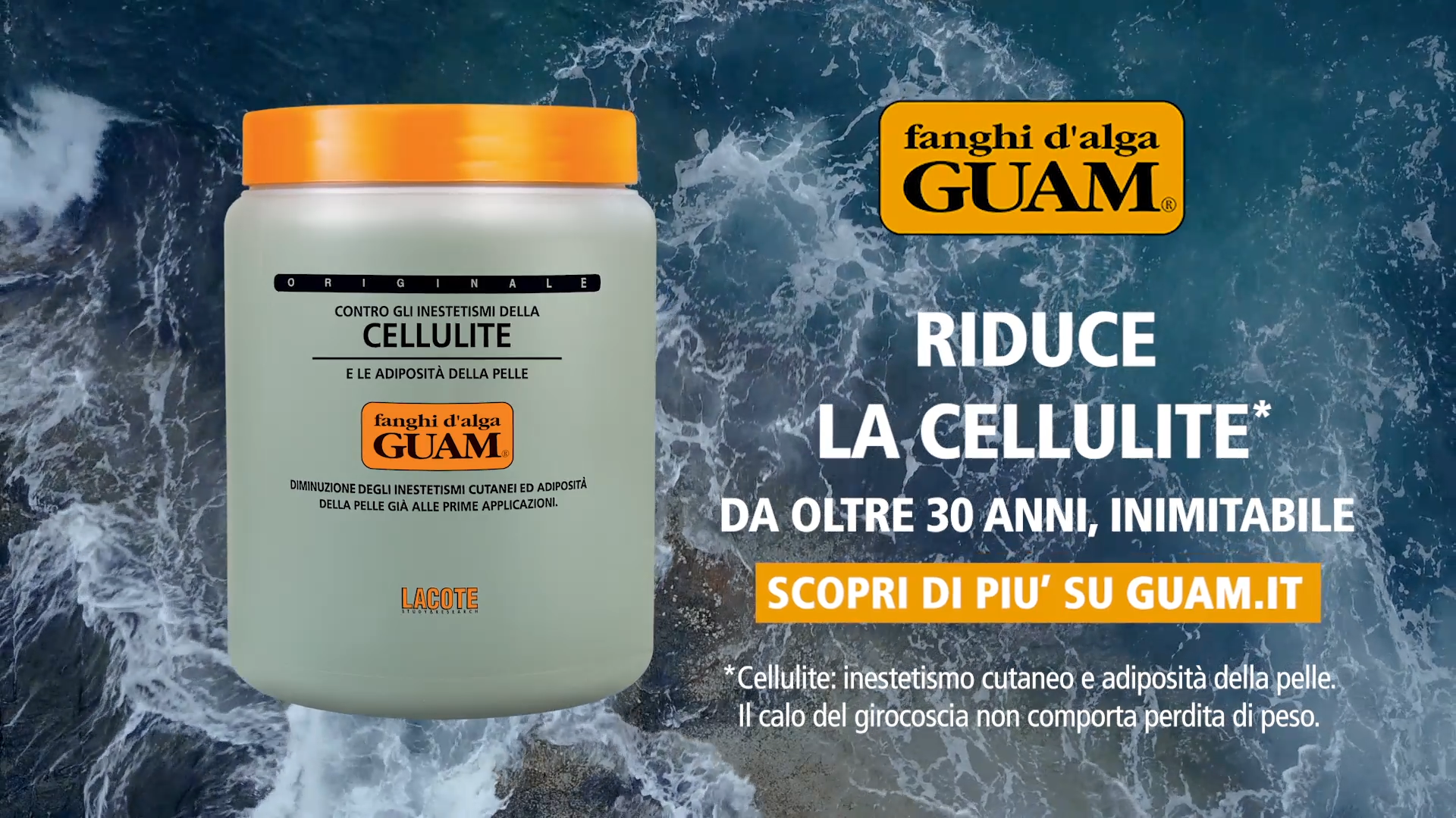 GUAM cellulite treatment product jar with orange lid against a sea background. Text: Reduces cellulite.