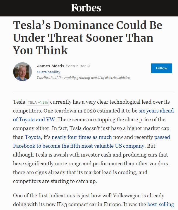 Forbes - Tesla’s Dominance Could Be Under Threat Sooner Than You Think