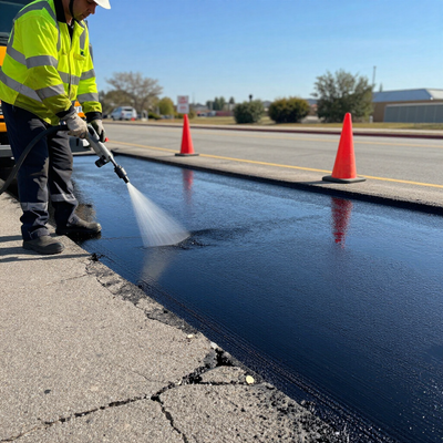 Worker spraying sealcoat onto pavement near traffic cones during sealcoating in Dallas, TX