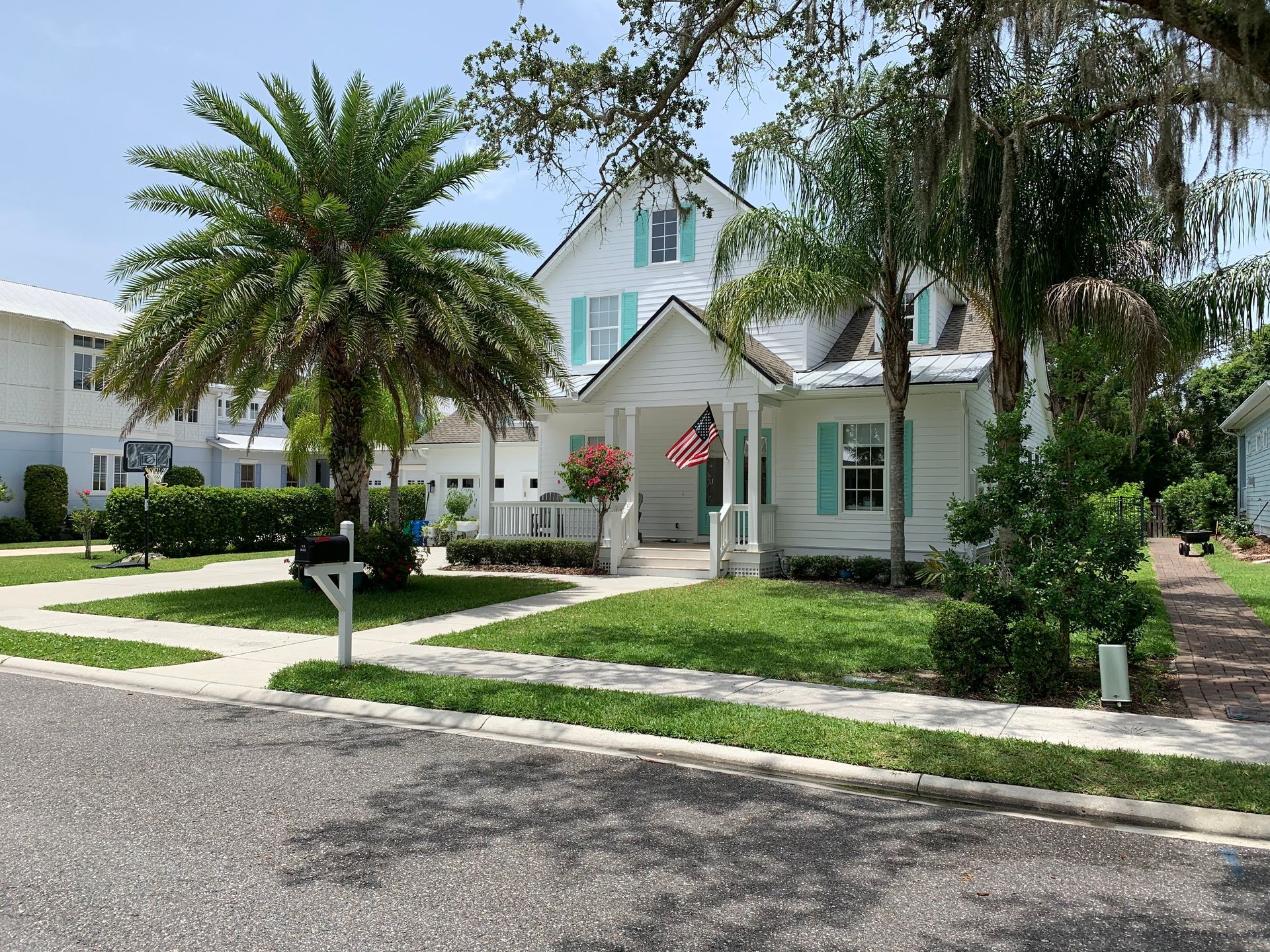 A white house with blue shutters and a palm tree in front of it.