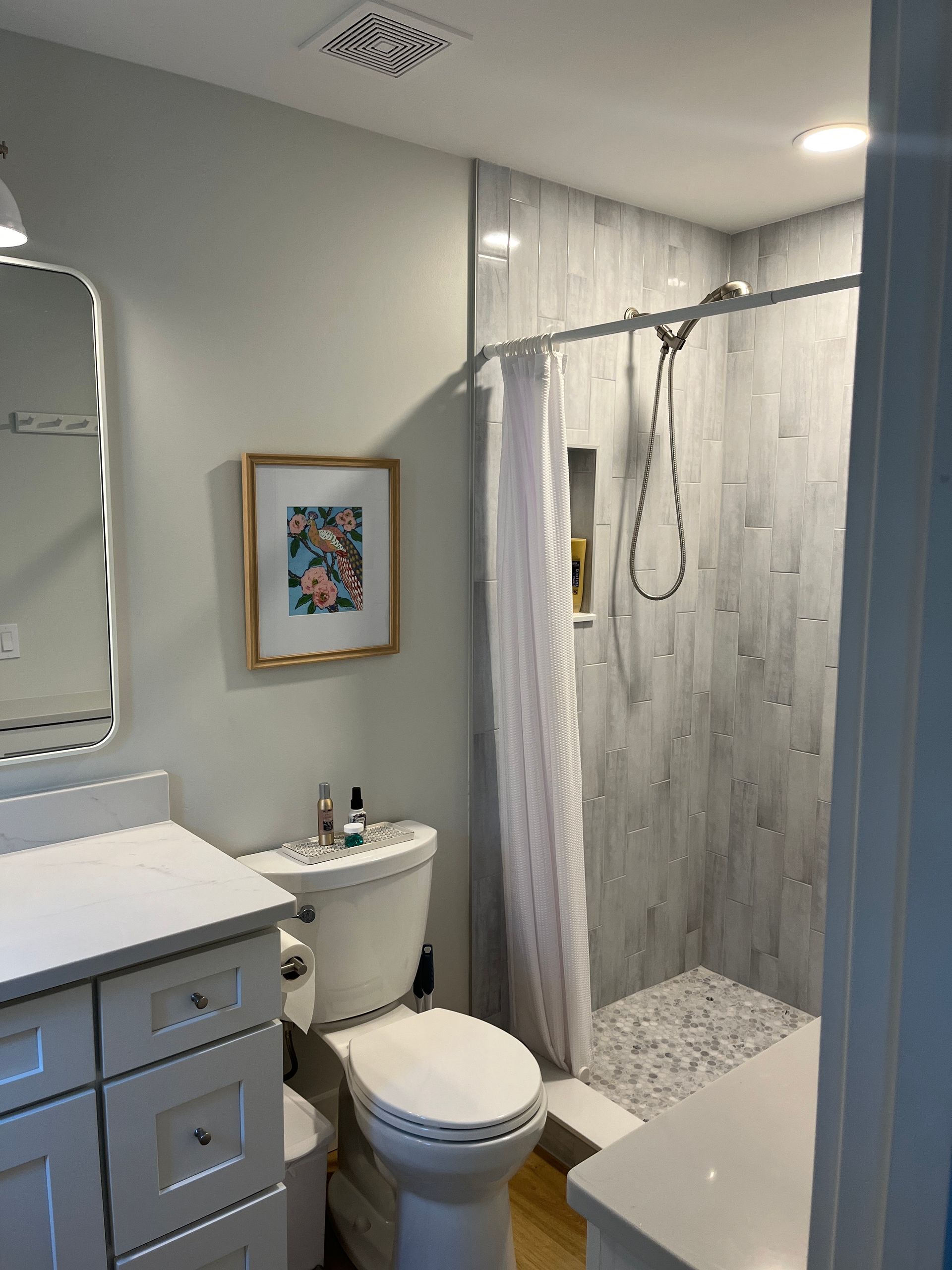 Bathroom with a gray tiled shower, toilet, vanity, mirror, and artwork.