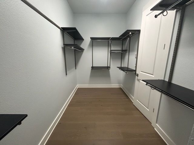 Empty walk-in closet with dark shelves and clothing rods; white walls and a white door with dark wood floors.