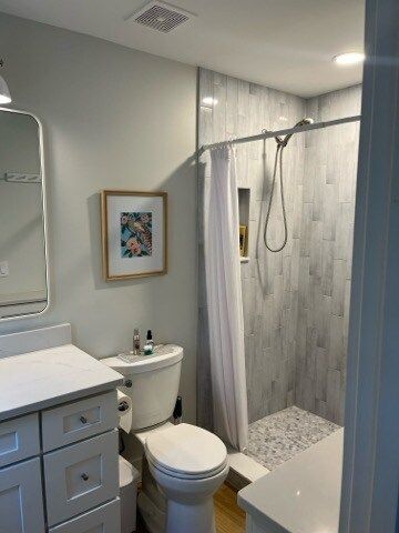 Bathroom with a toilet, shower, vanity, framed art, and a mirror. The shower has gray tile.