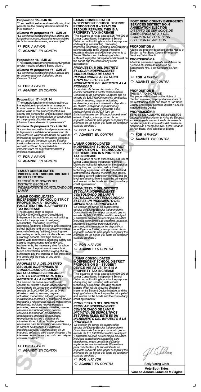Ballot listing candidates and propositions for an election.