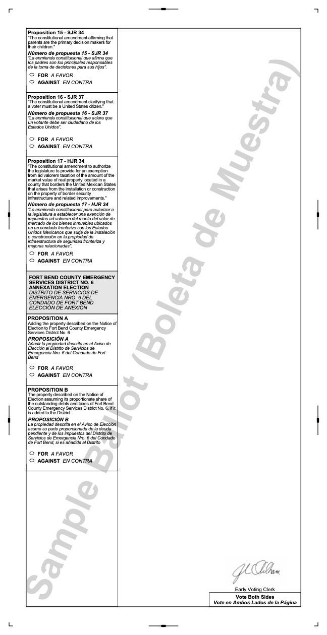 Sample ballot with text in English and Spanish, showing different voting options.