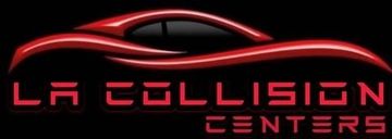 A logo for la collision centers with a red car