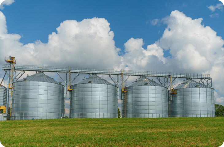 Uma fileira de silos no topo de uma colina gramada.