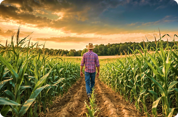 Um homem com um chapéu de cowboy está caminhando por um campo de milho.