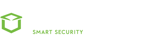 A logo for smart security with a green shield on a white background.