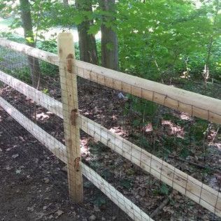 Wooden split-rail fence with wire mesh, in a wooded area.