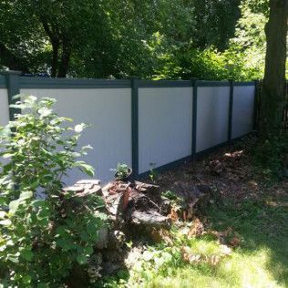 White and teal privacy fence in a backyard with greenery and trees.