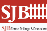 Logo for SJB Fence Railings & Decks Inc. featuring the letters "SJB" and a white picket fence on a red background.
