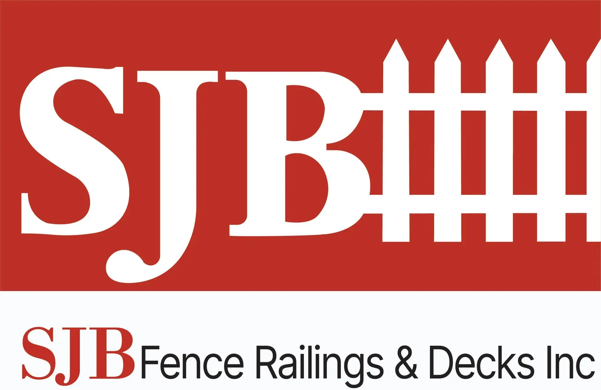 Logo for SJB Fence Railings & Decks Inc. featuring the letters "SJB" and a white picket fence on a red background.