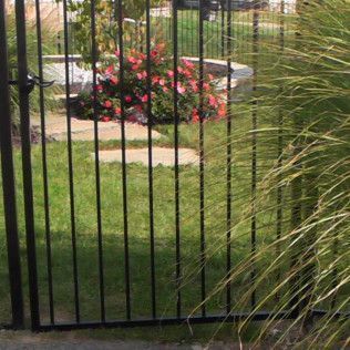 Black metal gate frames green grass and a flower garden.