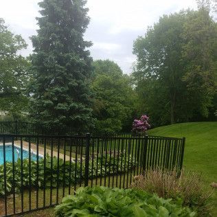 Black fence encloses a pool and garden; green trees and lawn in background.