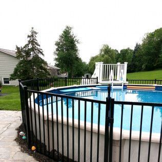 Black fenced-in above-ground pool with a white deck and green surroundings.