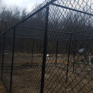 Black chain-link fence enclosure in a field with trees in the background.