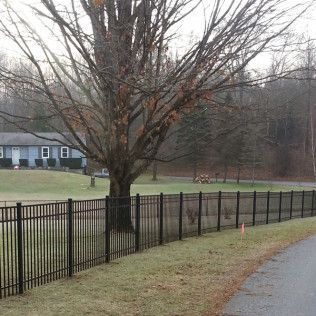 Black metal fence surrounding a grassy area, with a bare tree and a house in the background.