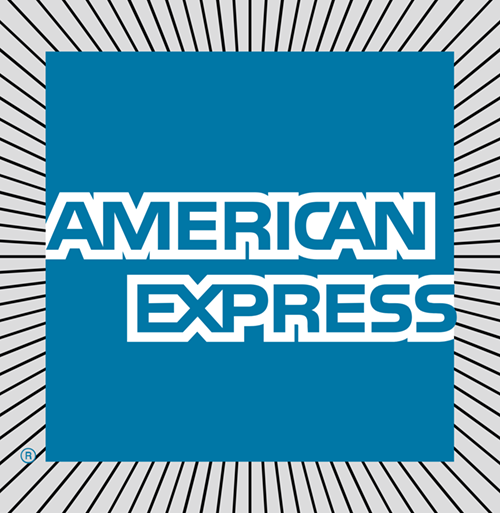 American Express logo in blue square with white text, surrounded by gray radiating lines.
