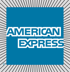 American Express logo in blue square with white text, surrounded by gray radiating lines.