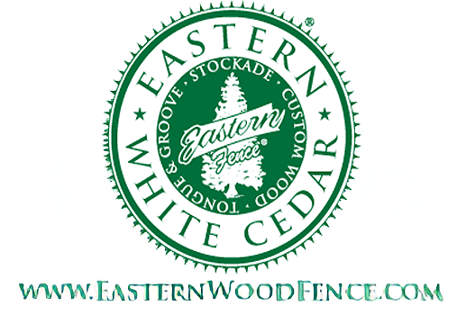 Eastern White Cedar fence logo with text and tree graphic.