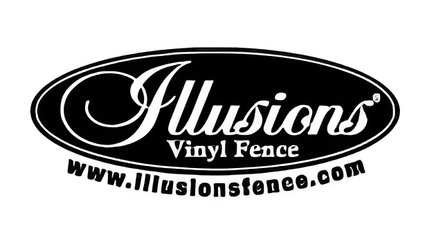 Logo for Illusions Vinyl Fence, black oval with white text and website address.