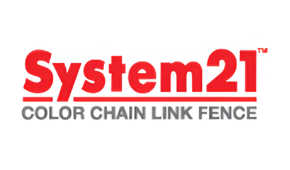 Logo for System 21 Color Chain Link Fence. Red text
