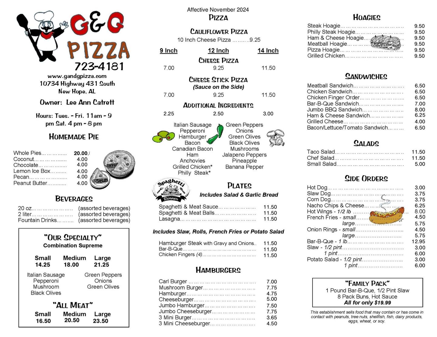 Menu | New Hope, AL | G & G Pizza