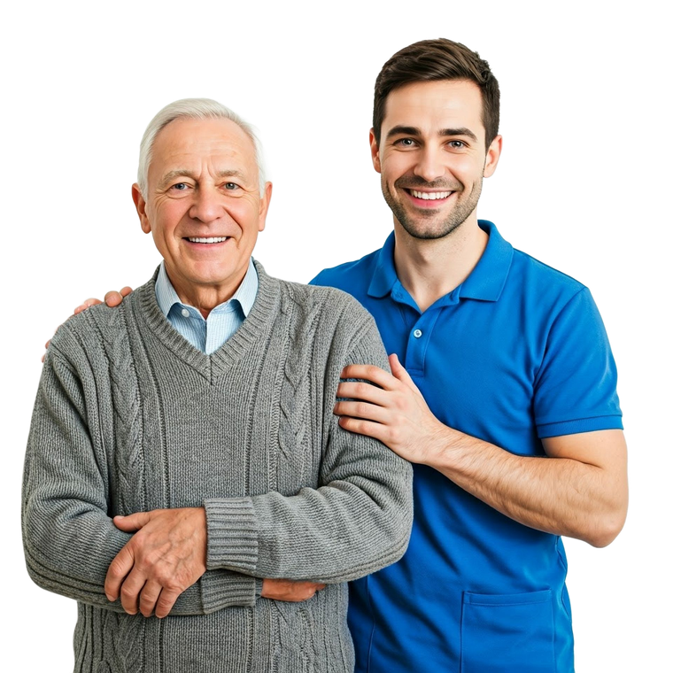 Man in a wheelchair with a smiling caregiver standing behind him on a white background
