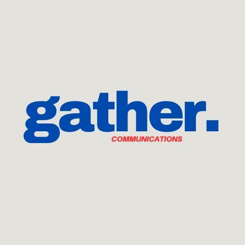 The logo for gather communications is blue and red on a white background.