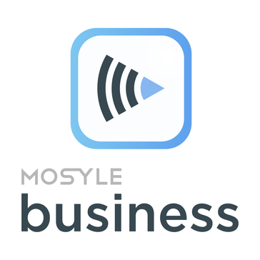 A logo for mosyle business with a play button in a square.