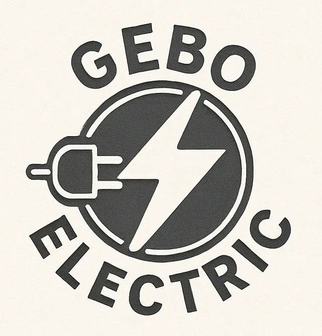 Logo for Gebo Electric, featuring a lightning bolt and plug inside a circle.