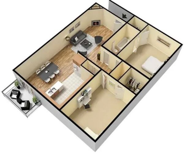 1 bed floor plan of a house with a kitchen - furnished