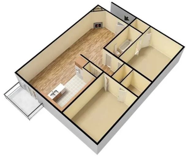 1 bed floor plan of a house with a kitchen