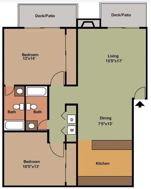 2 bed floor plan of a house with a kitchen - 2D