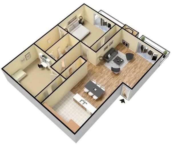 2 bed floor plan of a house with a kitchen - furnished