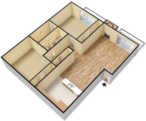2 bed floor plan of a house with a kitchen