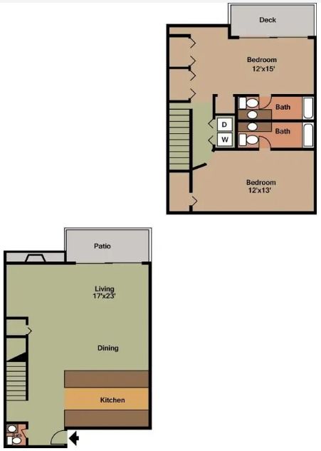 2 bed, 2.5 bath floor plan of a house with a kitchen - 2D