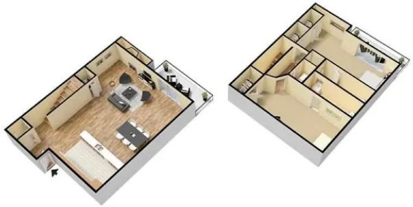 2 bed, 2.5 bath floor plan of a house with a kitchen - Furnished