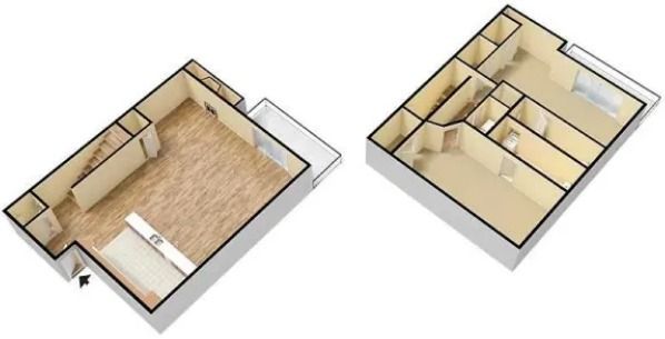 2 bed, 2.5 bath floor plan of a house with a kitchen