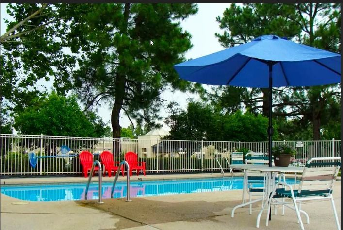 a blue umbrella sits in front of a swimming pool