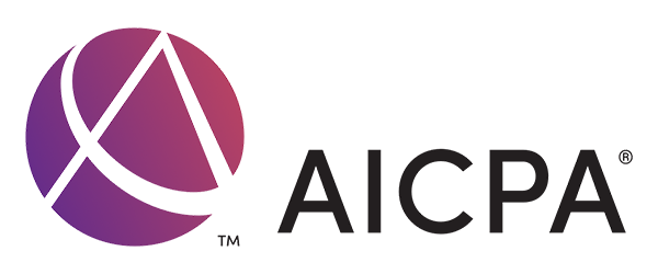The aicpa logo is a purple circle with a white x on it.