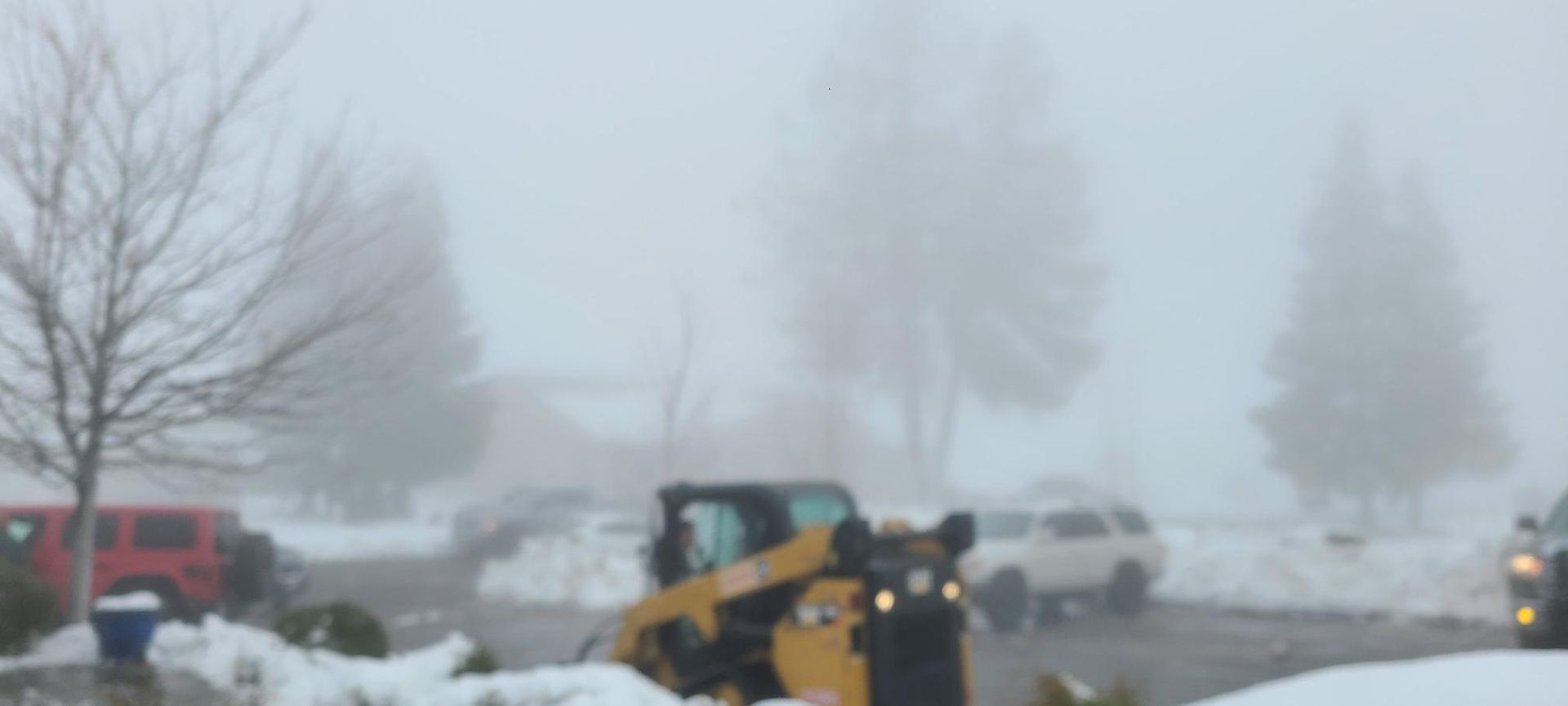 A yellow skid steer plowing snow on a street with heavy fog, near some parked cars and leafless trees.