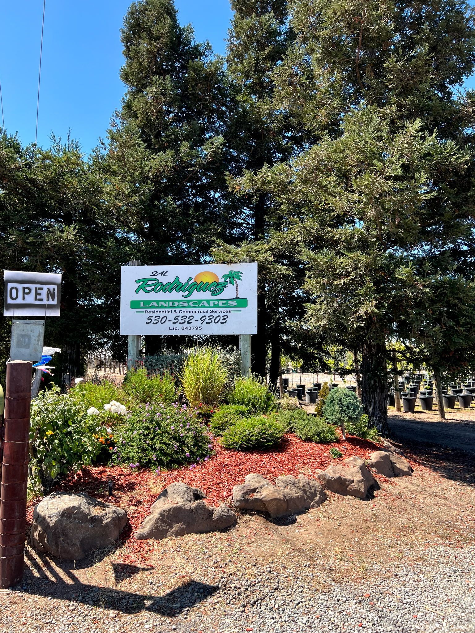 Sign for a nursery with trees, plants, and an 
