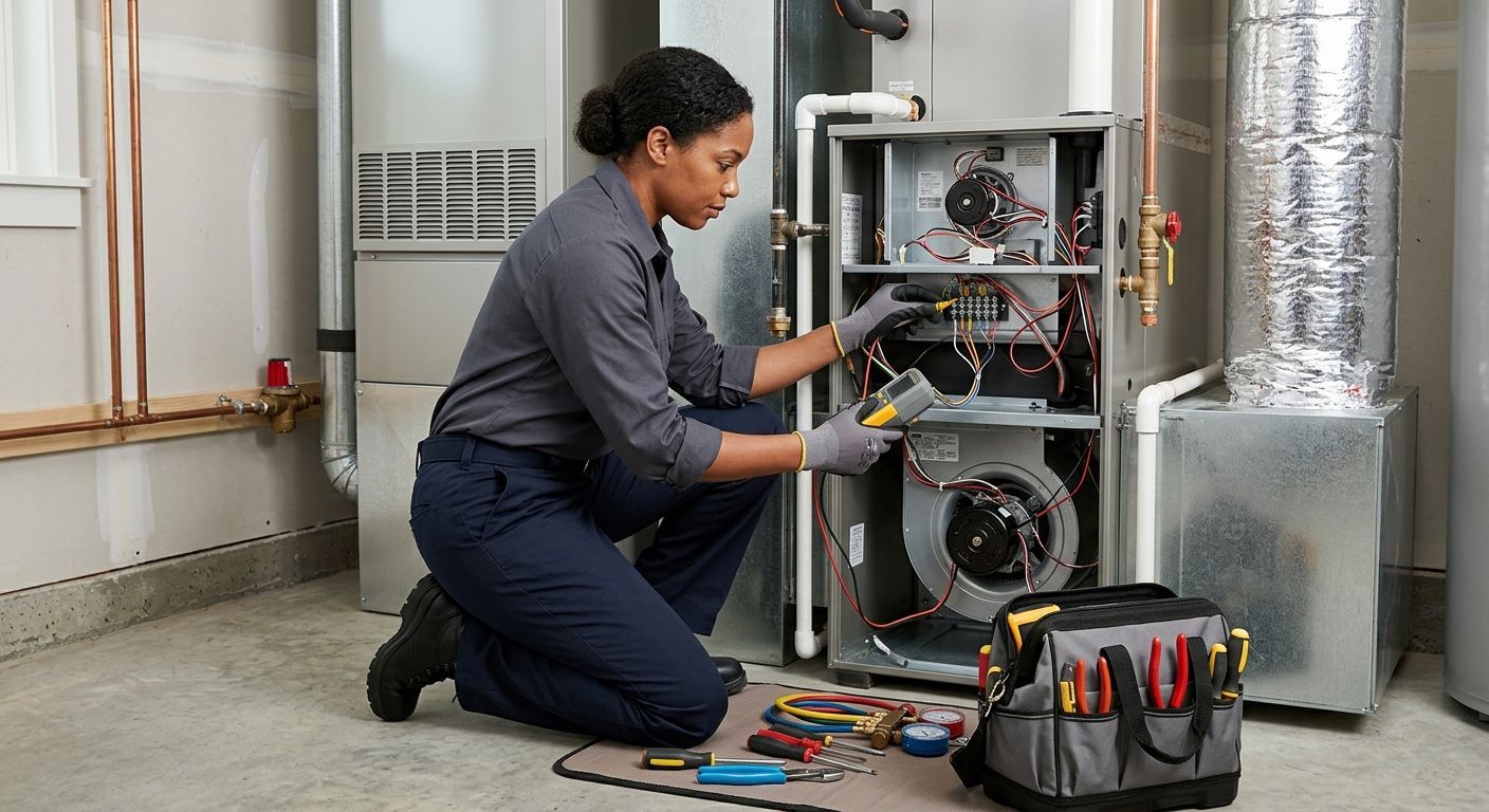 Gloved hands adjusting a boiler’s pump and controls on a wall-mounted heating unit.