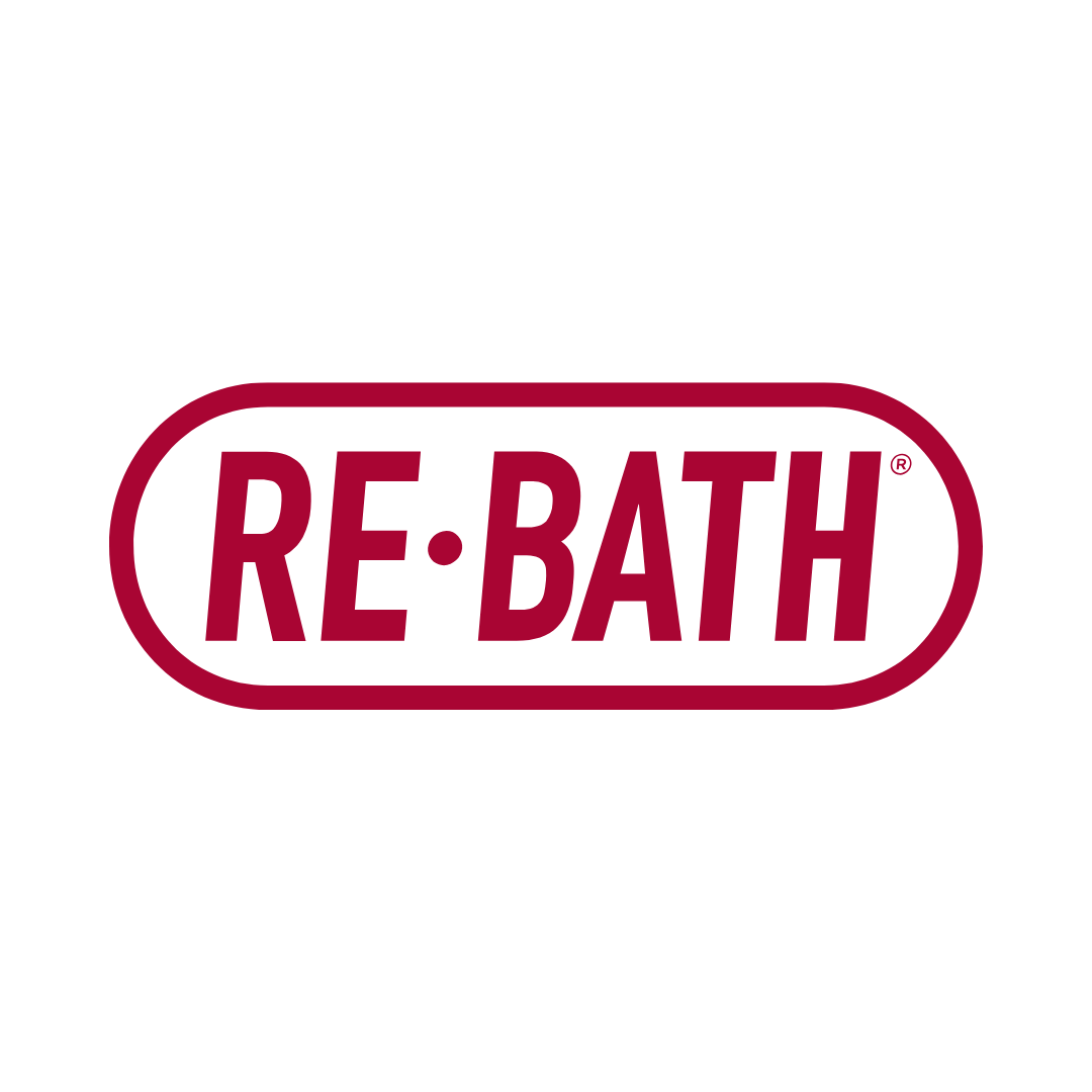 A red and white logo for re bath on a white background.