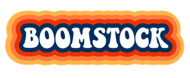 A colorful logo for boomstock on a white background