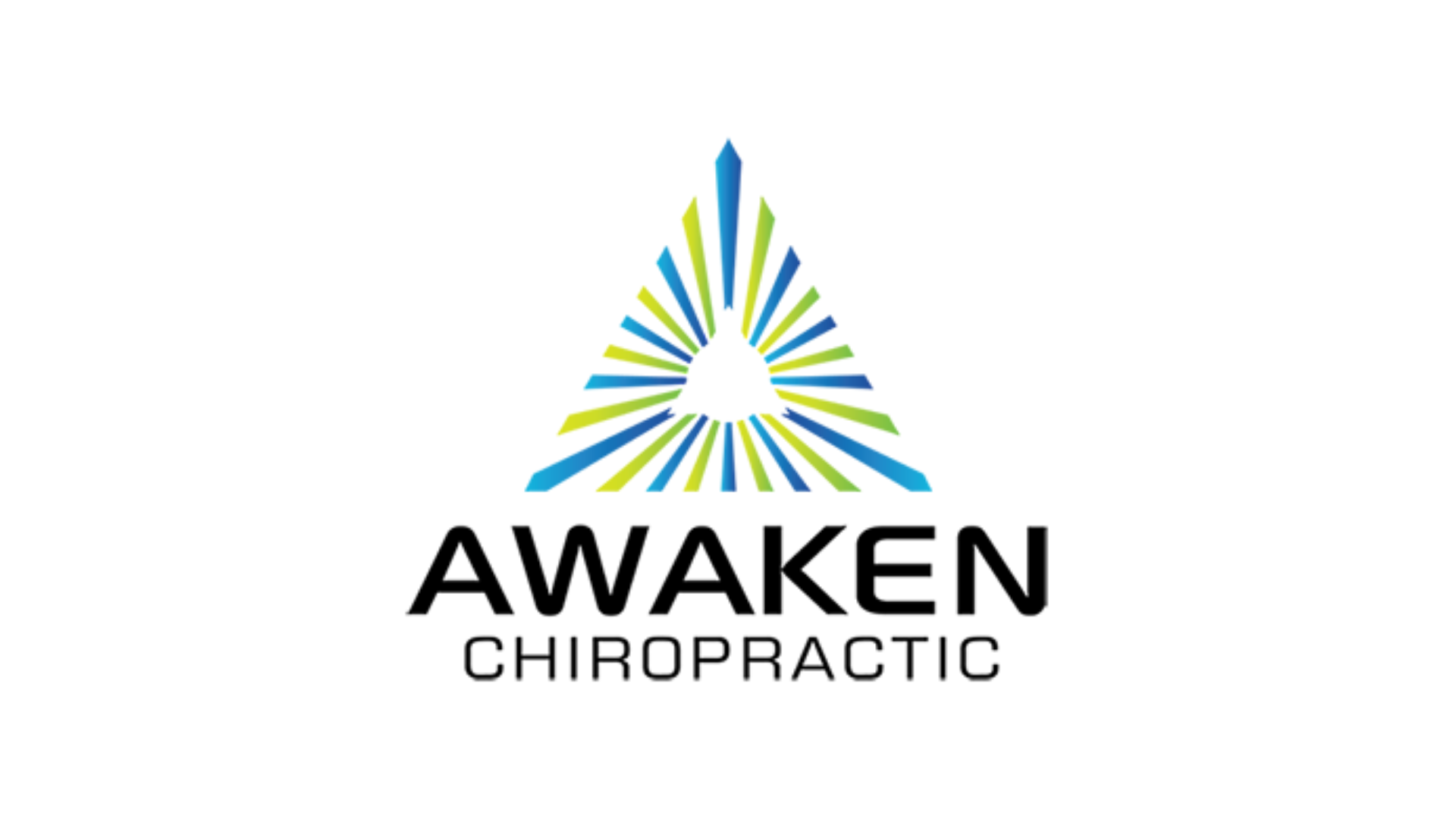 The logo for awaken chiropractic is a triangle with rays coming out of it.