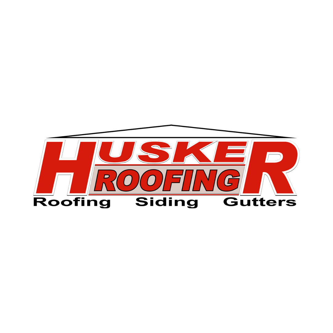 The logo for husker roofing siding gutters is red and white.